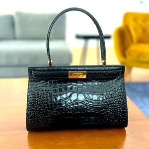 TORY BURCH Crocodile Embossed Leather Lee Radziwill Handle Bag Satchel Black